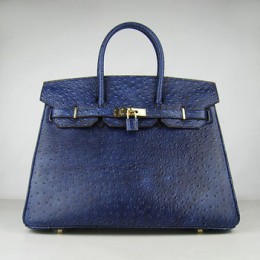 Hermes Birkin 35Cm Ostrich Stripe Handbags Dark Blue Gold